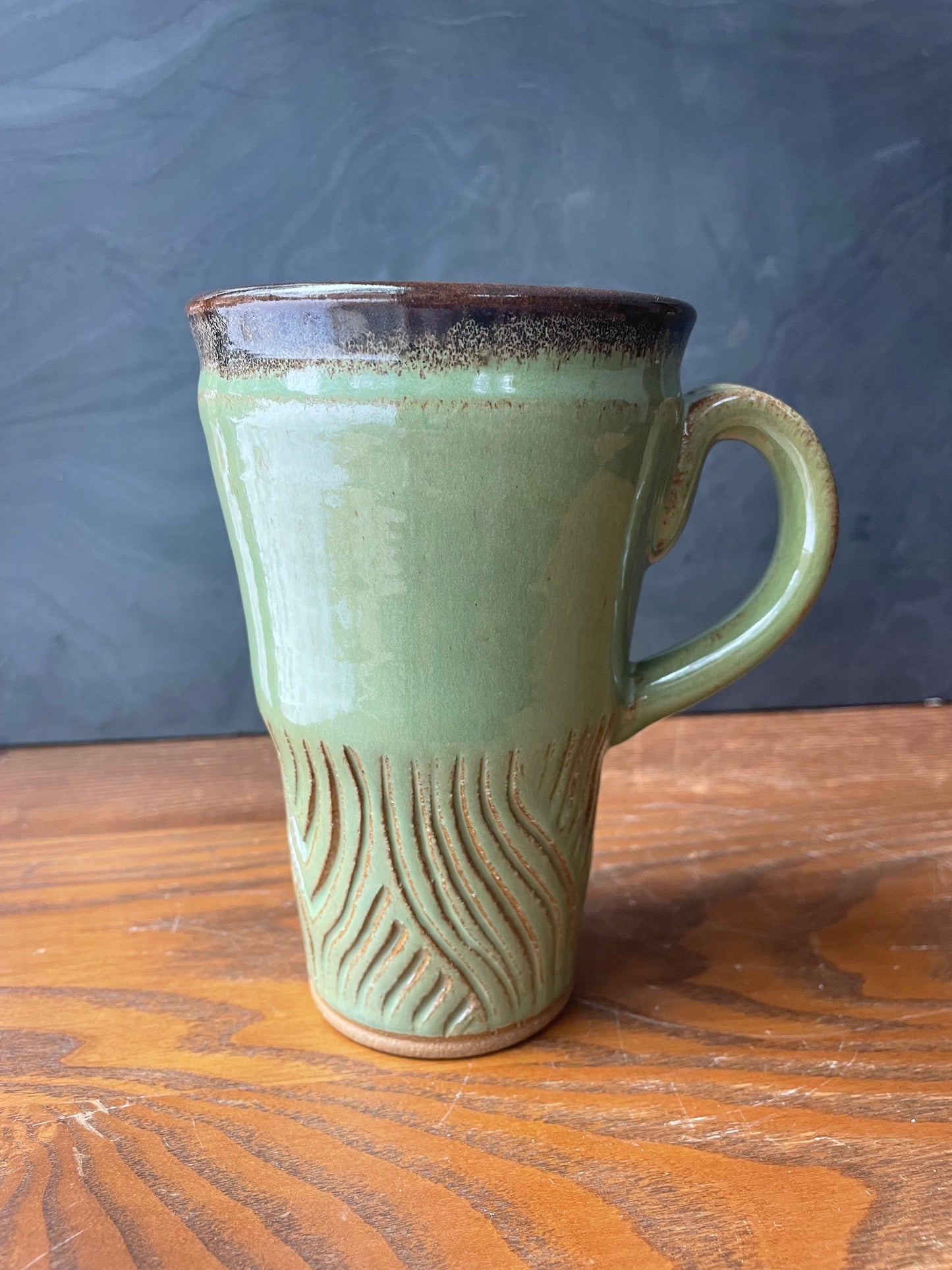 Extra Tall Green Carved Mug