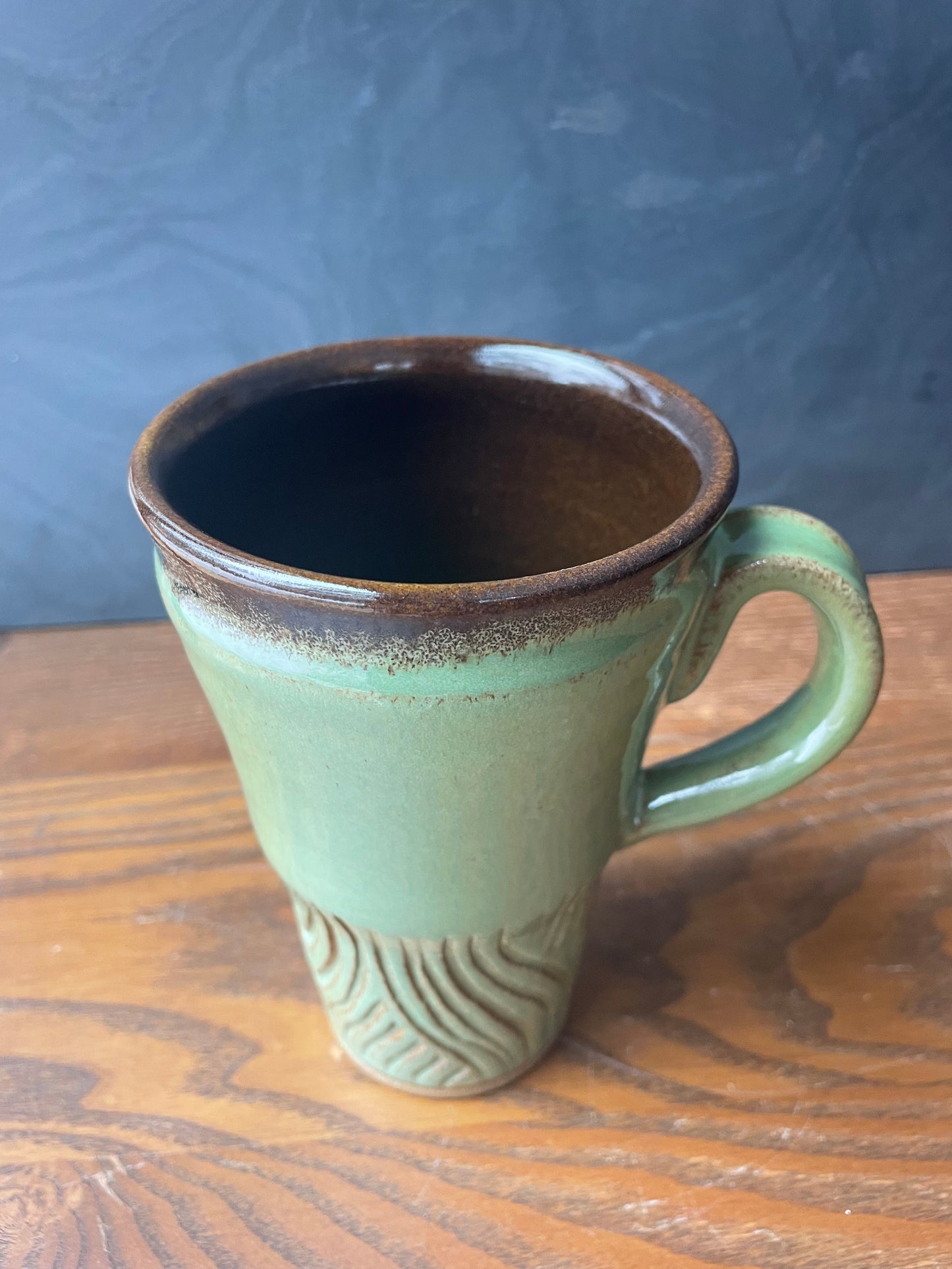 Extra Tall Green Carved Mug